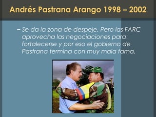 Andrés Pastrana Arango 1998 – 2002
– Se da la zona de despeje. Pero las FARC
aprovecha las negociaciones para
fortalecerse y por eso el gobierno de
Pastrana termina con muy mala fama.
 