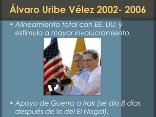 Álvaro Uribe Vélez 2002- 2006
• Alineamiento total con EE. UU. y
estímulo a mayor involucramiento.
• Apoyo de Guerra a Irak (se dio 8 días
después de lo del El Nogal).
 