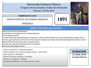 Raimundo Andueza Palacio Congreso de los Estados Unidos de Venezuela Caracas, el 9 de abril 1891Forma de Gobierno : Federal personalistaPoder Legislativo de 2 cámaras: Representantes y del SenadoPoder Ejecutivo: Presidente ,Sistema Electoral: Indirecto y CensitarioEjecutivo, Legislativo y Judicial,..El período presidencial  se vuelve a elevar a 4 años .