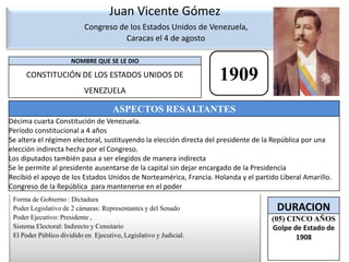 Juan Vicente GómezCongreso de los Estados Unidos de Venezuela,  Caracas el 4 de agosto  1909Forma de Gobierno : DictaduraPoder Legislativo de 2 cámaras: Representantes y del SenadoPoder Ejecutivo: Presidente ,Sistema Electoral: Indirecto y CensitarioEl Poder Público dividido en  Ejecutivo, Legislativo y Judicial.