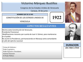 Victorino Márquez Bustillos Congreso de los Estados Unidos de Venezuela  Caracas, 19 de junio1922Forma de Gobierno : Poder Legislativo Poder Ejecutivo: Presidente ,Sistema Electoral: El Poder Público 