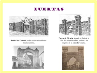 Puerta del Carmen, daba acceso a la calle del
mismo nombre.
Puerta de Ciruela, situada al final de la
calle del mismo nombre, recibía a los
viajeros de la aldea La Ciruela.
 