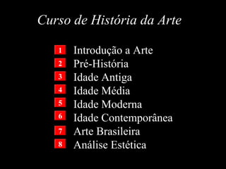 Curso de História da Arte
Introdução a Arte
Pré-História
Idade Antiga
Idade Média
Idade Moderna
Idade Contemporânea
Arte Brasileira
Análise Estética
1
2
3
4
5
6
7
8
 
