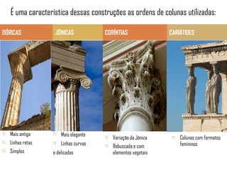 É uma característica dessas construções as ordens de colunas utilizadas:
DÓRICAS





JÔNICAS

CORÍNTIAS

Mais antiga



Mais elegante



Linhas retas



Linhas curvas

Variação da Jônica



Simples

e delicadas

Rebuscada e com
elementos vegetais

CARIÁTIDES



Colunas com formatos
femininos

 