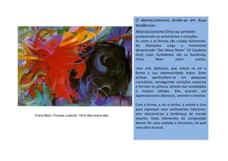 O abstraccionismo divide-se em duas
tendências:
Abstraccionismo lírico ou sensível-
predominam os sentimentos e emoções.
As cores e as formas são criadas livremente.
Na Alemanha surge o movimento
denominado "Der blaue Reiter" (O Cavaleiro
Azul) cujos fundadores são os Kandinsky,
Franz Marc entre outros.
Uma arte abstracta, que coloca na cor e
forma a sua expressividade maior. Estes
artistas aprofundam-se em pesquisas
cromáticas, conseguindo variações espaciaiscromáticas, conseguindo variações espaciais
e formais na pintura, através das tonalidades
e matizes obtidos. Eles querem um
expressionismo abstracto, sensível e emotivo.
Com a forma, a cor e alinha, o artista é livre
para expressar seus sentimentos interiores,
sem relacioná-los a lembrança do mundo
exterior. Estes elementos da composição
devem Ter uma unidade e harmonia, tal qual
uma obra musical.
Franz Marc. Formas Lutando. 1914 óleo sobre tela.
 