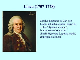 Lineu (1707-1778)


        Carolus Linnaeus ou Carl von
        Linné, naturalista sueco, escreveu
        a obra “Systema naturae”,
        lançando um sistema de
        classificação que é, grosso modo,
        empregado até hoje.
 