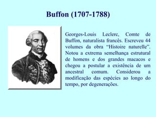 Buffon (1707-1788)

     Georges-Louis Leclerc, Comte de
     Buffon, naturalista francês. Escreveu 44
     volumes da obra “Histoire naturelle”.
     Notou a extrema semelhança estrutural
     de homens e dos grandes macacos e
     chegou a postular a existência de um
     ancestral   comum.       Considerou    a
     modificação das espécies ao longo do
     tempo, por degenerações.
 