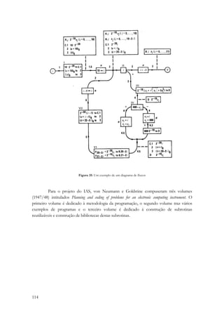 114 
Figura 35: Um exemplo de um diagrama de fluxos 
Para o projeto do IAS, von Neumann e Goldstine compuseram três volumes 
(1947/48) intitulados Planning and coding of problems for an electronic computing instrument. O 
primeiro volume é dedicado à metodologia da programação, o segundo volume traz vários 
exemplos de programas e o terceiro volume é dedicado à construção de subrotinas 
reutilizáveis e construção de bibliotecas destas subrotinas. 
 