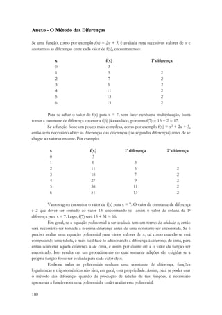 Anexo - O Método das Diferenças 
Se uma função, como por exemplo f(x) = 2x + 3, é avaliada para sucessivos valores de x e 
anotarmos as diferenças entre cada valor de f(x), encontraremos: 
180 
x f(x) 1a diferença 
0 3 
1 5 2 
2 7 2 
3 9 2 
4 11 2 
5 13 2 
6 15 2 
Para se achar o valor de f(x) para x = 7, sem fazer nenhuma multiplicação, basta 
tomar a constante de diferença e somar a f(6) já calculado, portanto f(7) = 15 + 2 = 17. 
Se a função fosse um pouco mais complexa, como por exemplo f(x) = x2 + 2x + 3, 
então seria necessário obter as diferenças das diferenças (ou segundas diferenças) antes de se 
chegar ao valor constante. Por exemplo: 
x f(x) 1a diferença 2a diferença 
0 3 
1 6 3 
2 11 5 2 
3 18 7 2 
4 27 9 2 
5 38 11 2 
6 51 13 2 
Vamos agora encontrar o valor de f(x) para x = 7. O valor da constante de diferença 
é 2 que dever ser somado ao valor 13, encontrando-se assim o valor da coluna da 1a 
diferença para x = 7. Logo, f(7) será 15 + 51 = 66. 
Em geral, se a equação polinomial a ser avaliada tem um termo de aridade n, então 
será necessário ser tomada a n-ésima diferença antes de uma constante ser encontrada. Se é 
preciso avaliar uma equação polinomial para vários valores de x, tal como quando se está 
computando uma tabela, é mais fácil fazê-lo adicionando a diferença à diferença de cima, para 
então adicionar aquela diferença à de cima, e assim por diante até a o valor da função ser 
encontrado. Isto resulta em um procedimento no qual somente adições são exigidas se a 
própria função fosse ser avaliada para cada valor de x. 
Embora todas as polinomiais tenham uma constante de diferença, funções 
logarítmicas e trigonométricas não têm, em geral, essa propriedade. Assim, para se poder usar 
o método das diferenças quando da produção de tabelas de tais funções, é necessário 
aproximar a função com uma polinomial e então avaliar essa polinomial. 
 