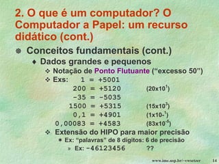 www.ime.usp.br/~vwsetzer 14
 Conceitos fundamentais (cont.)
 Dados grandes e pequenos
❖ Notação de Ponto Flutuante (“excesso 50”)
❖ Exs: 1 = +5001
200 = +5120 (20x101
)
-35 = -5035
1500 = +5315 (15x103
)
0,1 = +4901 (1x10-1
)
0,00083 = +4583 (83x10-5
)
❖ Extensão do HIPO para maior precisão
 Ex: “palavras” de 8 dígitos: 6 de precisão
» Ex: -46123456 ??
2. O que é um computador? O
Computador a Papel: um recurso
didático (cont.)
 
