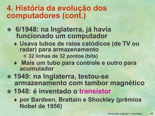 www.ime.usp.br/~vwsetzer 41
4. História da evolução dos
computadores (cont.)
 6/1948: na Inglaterra, já havia
funcionado um computador
 Usava tubos de raios catódicos (de TV ou
radar) para armazenamento
❖ 32 linhas de 32 pontos (bits)
 Mais um tubo para controle e outro para
acumulador
 1949: na Inglaterra, testou-se
armazenamento com tambor magnético
 1948: é inventado o transistor
 por Bardeen, Brattain e Shockley (prêmios
Nobel de 1956)
 