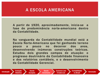 A partir de 1920, aproximadamente, inicia-se a
fase de predominância norte-americana dentro
da Contabilidade.
Na vanguarda da Contabilidade mundial está a
Escola Norte-Americana que foi ganhando terreno
pouco a pouco no decorrer dos anos,
desenvolvendo inúmeras construções teóricas.
Estudou dois grandes campos de atuação: o
progresso doutrinário da Contabilidade financeira
e dos relatórios contábeis, e o desenvolvimento
da Contabilidade Gerencial.
A ESCOLA AMERICANA
Evolução
Histórica
Introdução
Escola
Europeia
Escola
Americana
Common Law
X Code Low
Contabilidade
no Brasil
Conclusão
 