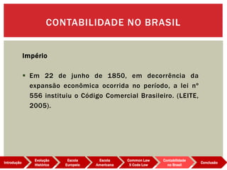 Império
 Em 22 de junho de 1850, em decorrência da
expansão econômica ocorrida no período, a lei nº
556 instituiu o Código Comercial Brasileiro. (LEITE,
2005).
CONTABILIDADE NO BRASIL
Evolução
Histórica
Introdução
Escola
Europeia
Escola
Americana
Common Law
X Code Low
Contabilidade
no Brasil
Conclusão
 