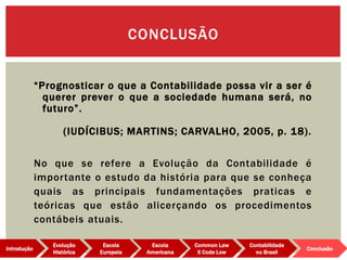 “Prognosticar o que a Contabilidade possa vir a ser é
querer prever o que a sociedade humana será, no
futuro”.
(IUDÍCIBUS; MARTINS; CARVALHO, 2005, p. 18).
No que se refere a Evolução da Contabilidade é
importante o estudo da história para que se conheça
quais as principais fundamentações praticas e
teóricas que estão alicerçando os procedimentos
contábeis atuais.
CONCLUSÃO
Evolução
Histórica
Introdução
Escola
Europeia
Escola
Americana
Common Law
X Code Low
Contabilidade
no Brasil
Conclusão
 