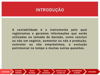 A contabilidade é o instrumento pelo qual
registramos e geramos informações que serão
utilizadas na tomada de decisão, como concluir
ou não um negócio, aumentar ou não a produção,
contratar ou não empréstimos, a evolução
patrimonial no tempo e muitas outras questões.
INTRODUÇÃO
Evolução
Histórica
Introdução
Escola
Europeia
Escola
Americana
Common Law
X Code Low
Contabilidade
no Brasil
Conclusão
 