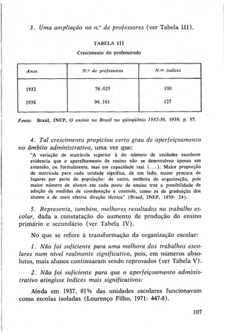 3. Uma am pliação no n.° de professores (ver Tabela III).
TABELA III
Crescimento do professorado
Anos N.° de professores N.os■índices
1932 76.025 100
1936 96.161 127
Fonte: Brasil, INEP, O ensino no Brasil no qiiinqiiênio 1932-36, 1939, p. 37.
4. Tal crescimento propiciou certo grau de aperfeiçoamento
no âmbito administrativo, uma vez que:
“A variação de matrícula superior à do número de unidades escolares
evidencia que o aparelhamento de ensino não se desenvolveu apenas em
extensão, ou formalmente, mas em capacidade real (...). Maior proporção
de matrícula para cada unidade significa, de um lado, maior procura de
lugares por parte da população: de outro, melhora de organização, pois
maior número de alunos em cada posto de ensino traz a possibilidade de
adoção de medidas de coordenação e controle, como as de graduação dos
alunos e de mais efetiva direção técnica” (Brasil, INEP, 1939: 24).
5. Representa, também, melhores resultados no trabalho es­
colar, dada a constatação do aumento de produção do ensino
primário e secundário (ver Tabela IV).
No que se refere à transformação da organização escolar:
1. Não foi suficiente para uma melhora dos trabalhos esco­
lares num nível realmente significativo, pois, em números abso­
lutos, mais alunos continuaram sendo reprovados (ver Tabela V).
2. Não foi suficiente para que o aperfeiçoamento adminis­
trativo atingisse índices mais significativos:
Ainda em. 1937, 81% das unidades escolares funcionavam
como escolas isoladas (Lourenço Filho, 1971: 447-8).
107
 