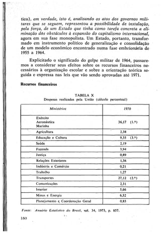 tico), em verdade, isto é, analisando os atos dos governos mili­
tares que se seguem, representou a possibilidade de instalação,
pela força, de um Estado que tinha como tarefa concreta a eli­
minação dòs obstáculos à expansão do capitalismo internacional,
agora em sua fase monopolista. Um Estado, portanto, transfor­
mado em instrumento político de generalização e consolidação
de um modelo econômico encontrado numa fase embrionária de
1955 a 1964.
Explicitado o significado do golpe militar de 1964, passare­
mos a considerar seus efeitos sobre os recursos financeiros ne­
cessários à organização escolar e sobre a orientação teórica se­
guida e expressa nas leis que vão sendo aprovadas até 1971.
Recursos financeiros
TABELA X
Despesas realizadas pela União (cálculo percentual)
Ministérios 1970
Exército
Aeronáutica 36,17 (l.a)
Marinha
Agricultura 2,38
Educação e Cultura 9,35 (3.a)
Saúde 2,19
Fazenda 3,94
Justiça 0,89
Relações Exteriores 1,36
Indústria e Comércio 0,21
Trabalho 1,27
Transportes 27,12 (2.a)
Comunicações 2,31
Interior 5,66
Minas e Energia 6,32
Planejamento e. Coordenação Geral 0,83
Fonte: Anuário Estatístico do Brasil, v.ol. 34, 1973, p. 857.
160
 