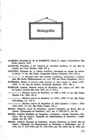 i
ALMEIDA, Fernando H. M. & BARRETO, Carlos E. (orgs.) Constituições. ;São
í Paulo, Saraiva, 1967.
ALENCAR, Francisco et alii. História da sociedade brasileira. 3.® ed., Rio de
Janeiro, Ao Livro Técnico, 1980, 339 p.
AZEVEDO, Fernando de. A cultura brasileira: introdução ao estudo da cultura
no Brasil. 2.® ed., São Paulo, Companhia Editora Nacional, 1944, 529 p.
. A educação entre dois mundos: problemas, perspectivas e orienta­
ções. São Paulo, Melhoramentos, s.d. (vol. XIV das Obras Completas), 239 p.
i BANDEIRA, Moniz. O governo João Goulart: as lutas sociais no Brasil (1961-
1964). 2.® ed., Rio de Janeiro, Civilização Brasileira, 1977, 186 p.
BASBAUM, Leôncio. História sincera da República: das origens até 1889. Rio
de Janeiro, Livraria São José, 1957, vol. 1, 339 p.
------------------ . História sincera da República: de 1889 a 1930. 2.® ed., São Paulo,
f Edições L.B., 1962, 456 p.
-------------------- . História sincera da República: de 1930 a 1960. 3.® ed-, São Paulo,
Alfa-Oméga, s.d., 252 p.
—----------------. História sincera da República: de Jânio Quadros a Costa e Silva
(1961-1967). 11.® ed., São Paulo, Fulgor, 216 p.
BRASIL, Diretoria Geral de Estatística. Anuário Estatístico do Brasil. Rio de
Janeiro, Typographia de Estatística, 1927, ano I (1907-1917), vol. III.
í BRASIL, Instituto Brasileiro de Geografia e Estatística. Anuário Estatístico Bra­
sileiro. Rio de Janeiro, Tipografia do Departamento de Estatística e Publi­
cidade, ano ÍII, 1937.
BRASIL, Instituto Nacional de Estatística. Anuário Estatístico do Brasil. Rio de
Janeiro, Tipografia do Departamento de Estatística e Publicidade, ano II,
I 1936; ano V, 1937-1940; ano VI, 1941-1945; ano VII, 1946; ano X, 1949; ano
177
 