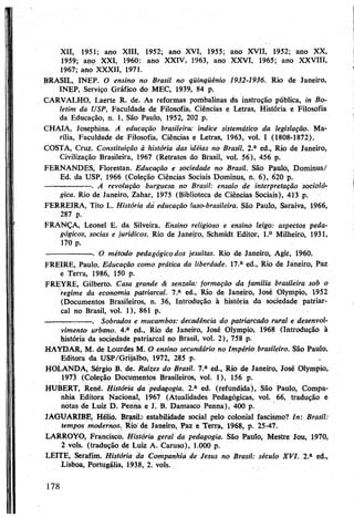 XII, 1951; ano XIII, 1952; ano XVI, 1955; ano XVII, 1952; ano XX,
1959; ano XXI, 1960: ano XXIV, 1963, ano XXVI, 1965; ano XXVIII,
1967; ano XXXII, 1971.
BRASIL, INEP. O ensino no Brasil no qüinqüênio 1932-1936. Rio de Janeiro,
INEP, Serviço Gráfico do MEC, 1939, 84 p.
CARVALHO, Laerte R. de. As reformas pombalinas da instrução pública, in Bo­
letim da USP, Faculdade de Filosofia, Ciências e Letras, História e Filosofia
da Educação, n. 1, São Paulo, 1952, 202 p.
CHAIA, Josephina. A educação brasileira: índice sistemático da legislação. Ma-
rília, Faculdade de Filosofia, Ciências e Letras, 1963, vol. I (1808-1872).
COSTA, Cruz. Constituição à história das idéias no Brasil. 2.a ed., Rio de Janeiro,
Civilização Brasileira, 1967 (Retratos do Brasil, vol. 56), 456 p.
FERNANDES, Florestan. Educação e sociedade no Brasil. São Paulo, Dominus/
Ed. da USP, 1966 (Coleção Ciências Sociais Dominus, n. 6), 620 p.
---------:---------. A revolução burguesa no Brasil: ensaio de interpretação socioló­
gica. Rio de Janeiro, Zahar, 1975 (Biblioteca de Ciências Sociais), 413 p.
FERREIRA, Tito L. História dà educação luso-brasileira. São Paulo, Saraiva, 1966,
287 p.
FRANÇA, Leonel E. da Silveira. Ensino religioso e ensino leigo: aspectos peda­
gógicos, sócias e jurídicos. Rio de Janeiro, Schmidt Editor, l.° Milheiro, 1931,
170 p.
------------------ . O método pedagógicodos jesuítas. Rio de Janeiro, Agir, 1960.
FREIRE, Paulo. Educação como prática da liberdade. 17.a ed., Rio de Jáneiro, Paz
e Terra, 1986, 150 p.
FREYRE, Gilberto. Casa grande & senzala: formação da família brasileira sob o
regime da economia patriarcal. 7.a ed., Rio de Janeiro, José Olympio, 1952
(Documentos Brasileiros, n. 36, Introdução à história da sociedade patriar­
cal no Brasil, vol. 1), 861 p.
—---------—-----. Sobrados e mucambos: decadência do patriarcado rural e desenvol­
vimento urbano. 4.a ed., Rio de Janeiro, José Olympio, 1968 (Introdução à
história da sociedade patriarcal no Brasil, vol. 2), 758 p.
HAYDÁR, M. de Lourdes M. O ensino secundário no Império brasileiro. São Paulo,
Editora da USP/Grijalbo, 1972, 285 p.
HOLANDA, Sérgio B. de. Raízes do Brasil. 7.a ed., Rio de Janeiro, José Olympio,
1973 (Coleção Documentos Brasileiros, vol. 1), 156 p.
HUBERT, René. História da pedagogia. 2.a ed- (refundida), São Paulo, Compa­
nhia Editora Nacional, 1967 (Atualidades Pedagógicas, vol. 66, tradução e
notas de Luiz D. Penna e J. B. Damasco Penna), 400 p.
JAGUARIBE, Hélio. Brasil: estabilidade social pelo colonial fascismo? In: Brasil:
tempos modernos. Rio'de Janeiro, Paz e Terra, 1968, p. 25-47.
LARROYO, Francisco. História geral da pedagogia. São Paulo, Mestre Jou, 1970,
2 vols, (tradução de Luiz A. Caruso), 1.000 p.
LEITE, Serafim. História da Companhia de Jesus no Brasil: século XVI. 2.a ed.,
Lisboa, ÍPortugália, 1938, 2. vols.
178
 