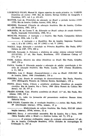 LOURENÇO FILHO, Manuel B. Alguns aspectos da escola primária. In: VÁRIOS.
Estatística do ensino: 1940. Rio de Janeiro, Serviço Gráfico de Geografia e
Estatística, 1971, vol. I, p. 431-451.
MATTOS, Luiz de. Primórdios da educação no Brasil: o período heróico (1549-
1570). Rio de Janeiro, Gráfica Aurora, 1958, 306 p.
MENDES, Durmeval. Filosofia da educação brasileira. Rio de Janeiro, Civiliza­
ção Brasileira, 1983, 239 p.
MIRANDA, M. do Carmo T. de. Educação no Brasil: esboço de estudo histórico.
Recife, Impressão Universitária, 1966, 94 p.
MOACYR, Primitivo. A instrução e o Império. São Paulo, Companhia Editora
Nacional, 1936, vols. I e III.
--------------------. A instrução e a República. Rio de Janeiro, Imprensa Nacional,
vols. I, II e III (1941), vol. IV (1942) e vol. V (1944).
NAGLE, Jorge. Educação e sociedade na Primeira República. São Paulo, EPU/
Editora da USP, 1974, 400 p.
NOVAIS, Fernando A. Estrutura e dinâmica do antigo sistema colonial (séculos
XVI-XVI11). 2.a ed., São Paulo, Brasiliense, 1975 (Cadernos Cebrap n.°
17), 47 p.
PAIM, Antônio. História das idéias filosóficas no Brasil. São Paulo, Grijalbo,
1967, 276 p.
PAIVA, Vanilda P. Educação popular e educação de adulto: contribuição à his­
tória da educação brasileira. São Paulo, Loyola, 1973 (Temas Brasileiros,
n. 2), 368 p.
PEREIRA, Luiz C. Bresser. Desenvolvimento e crise no Brasil: 1930-1967. Rio
de Janeiro, Zahar, 1968 (Atualidade), 216 p.
PEREIRA, Luiz. Ensaio de sociologia do desenvolvimento. São Paulo, Pioneira,
1970 (Bibliografia Pioneira de Ciências Sociais, Sociologia), 158 p.
PINTO, Álvaro Vieira. Ciência e existência: problemas filosóficos da pesquisa
científica. Rio de Janeiro, Paz e Terra, 1969 (Série Rumos da Cultura Mo­
derna), vol. 20, 537 p.
PRADO JÚNIOR, Caio. História econômica do Brasil. ll.a ed., São Paulo, Bra­
siliense, 1969, 339 p.
RANDALL Jr., John. La formación dei pensamiento moderno. Buenos Aires,
Editorial Nova.
REIS FILHO, Casemiro dos. A revolução brasileira e o ensinó. São Paulo, PUC-
SP (distribuição interna), 1974a, mimeo., 15 p.
------------------------. Modernização da cultura brasileira. São Paulo, PUC-SP (distri­
buição interna), 1974b, mimeo., 22 p.
RIBEIRO, Darcy. A universidade necessária. Rio de Janeiro, Paz e Terra, 1969
(Série Estudos sobre o Brasil e a América Latina, vol. 7), 272 p.
--------------------. O processo civilizatório: etapas da evolução sócio-cultural. 3.a ed.,
Rio de Janeiro, Civilização Brasileira, 1975a (Estudos de Antropologia da
Civilização I), 265 p.
179
 