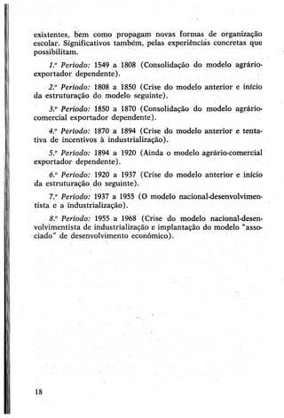 existentes, bèm como propagam novas formas de organização
escolar. Significativos também, pélas experiências concretas que
possibilitam.
1° Período: 1549 a 1808 (Consolidação do modelo agrário-
exportador dependente).
2° Período: 1808 a 1850 (Crise do modelo anterior e início
da estruturação do modelo seguinte).
3/ Período: 1850 a 1870 (Consolidação do modelo agrário-
comercial exportador dependente).
4° Período: 1870 a 1894 (Crise do modelo anterior e tenta­
tiva de incentivos à industrialização).
5° Período: 1894 a 1920 (Ainda o modelo agrário-comercial
exportador dependente).
6° Período: 1920 a 1937 (Crise do modelo anterior e início
da estruturação do seguinte).
7.° Período: 1937 a 1955 (O modelo nacional-desenvolvimen-
tista e a industrialização).
8° Período: 1955 a 1968 (Crise do modelo nacional-desen-
volvimentista de industrialização e implantação do modelo "asso­
ciado"de desenvolvimento econômico).
18
 