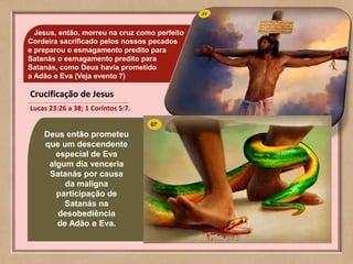 31Jesus, então, morreu na cruz como perfeito
Cordeira sacrificado pelos nossos pecados
e preparou o esmagamento predito para
Satanás o esmagamento predito para
Satanás, como Deus havia prometido
a Adâo e Eva (Veja evento 7)
Crucificação de Jesus
Lucas 23:26 a 38; 1 Coríntos 5:7.
Deus então prometeu
que um descendente
especial de Eva
algum dia venceria
Satanás por causa
da maligna
participação de
Satanás na
desobediência
de Adão e Eva.
 