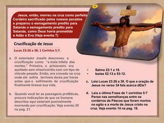 31Jesus, então, morreu na cruz como perfeito
Cordeira sacrificado pelos nossos pecados
e preparou o esmagamento predito para
Satanás o esmagamento predito para
Satanás, como Deus havia prometido
a Adâo e Eva (Veja evento 7)
a. O estoriador Josefo descreveu a
crucificação como “a mais infeliz das
mortes.” Primeiro, o prisioneiro era
açoitado sem misericórdia com um tipo de
chicote pesado. Então, era cravado na cruz
onde ele sofria terríveis dores por horas
antes que o sofrimento da crucificação
finalmente tirasse sua vida.
b. Quando você ler as passagens proféticas,
procure indicações de que os homens
descritos aqui estariam posivelmente
morrendo por crucificação. Veja evento 20
na pag. 21.
c. Leia Lucas 23:26 a 38. O que a oração de
Jesus no verso 34 fala acerca dEle?
• Salmo 22:1 a 18.
• Isaías 52:13 e 53:12.
d. Leia a última Frase de 1 coríntios 5:7
Pense nas semelhanças entre os
cordeiros da Páscoa que foram mortos
no egito e a morte de Jesus cristo na
cruz. Veja evento 14 na pag. 18.
Crucificação de Jesus
Lucas 23:26 a 38; 1 Coríntos 5:7.
 