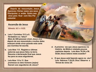 34
126
Depois da ressureição, Jesus
Apareceu Várias vezes aos seus
Discípulos e então Subiu aos
céus para ficar com Seu Pai
celestial.
Ascensão de Jesus
Gênesis. 6:5 e 8:22.
a. Leia 1 Coríntios 15:3 a 8.
Verdadeiro ou falso?
Mais de 500 pessoas viram Jesus vivo
depois da sua ressureição e muitos deles
estavam ainda vivos quando esta carta
aos Coríntos foi escrita.
b. Leia Atos 1:8 . Registra a últimas
palavras que jesus falou na terra.
Resuma a declaração final que Jesus
fez para os seus seguidores.
c. Leia Atos 1:9 a 11. Que
promessa os dois homens (anjos)
fizeram aos seguidores de Jesus?
d. A próxima vez que Jesus apareceu na
história da Bíblia é relatada poucos
capítulos depois. Leia Atos 76:54 a 56.
Onde Jesus estava nesta ocasião?
e. O que Jesus está fazendo agora no céu?
Leia Hebreus 7:24,25. Dica: Observe o
fimnal do verso 25.
 