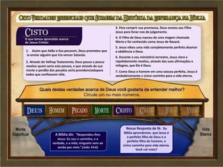 1. Assim que Adão e Eva pecaram, Deus prometeu que
ia enviar alguém que iria vencer Satanás.
Quais destas verdades acerca de Deus você gostaria de entender melhor?
Circule um ou mais números.
A Bíblia diz: “Respondeu-lhes
Jesus: Eu sou o caminho, e a
verdade, e a vida; ninguém vem ao
senão por mim.”.(João 14:6)
Nossa Resposta de fé: Da
Bíblia aprendemos que Jesus é
o perfeito filho de Deus e o
perfeito filho do homem, o
único caminho para vida eterna.
Você crê nisto?
2. Através do Velhop Testamento, Deus pouco a pouco
revelou quem seria esta pessoa, e que através da sua
morte o perdão dos pecados seria providenciadopara
todos que confiassem nEle.
3. Para comprir sua promessa, Deus enviou seu Filho
Jesus para livrar-nos do julgamento.
4. O Filho de Deus nasceu de uma viegem chamada
Maria e foi conhecido como Jesus de Nazaré.
5. Jesus vibeu uma vida completamente perfeita deamor
e obdiência a Deus.
6. Durante o seu ministério terrestre, Jesus clara e
repetidamente revelou, através das suas afirmações e
milagres, que Ele é Deus.
7. Como Deus e homem em uma oessoa perfeita, Jesus é
verdadeiramente o único caminho para a vida eterna.
 