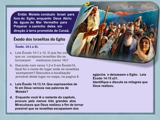 b. Diacordo com verso 1,2 e 9 em Êxodo14,
Qual foi o nome do lugar onde os israelitas
acamparam? Descubra a localização
provável deste lugar no mapa, na pagina 8.
c. Leia Êxodo 14:13,14. Que espressoões de
fé em Deus vemoos nas palavras de
Moisés?
d. Enquanto você lê o restante do capítulo,
procure pela menos três grandes atos
Miraculosos que Deus realizou a fim de tornar
possível que os israelitas escapassem dos
egípcios e deixassem o Egito. Leia
Êxodo 14:15 a31.
Identifique e discuta os milagres que
Deus realizou.
Então Moisés conduzio Israel para
fora do Egito, enquanto Deus Abriu
As águas do Mar Vermelho para
Preparar o caminho deles em
direção à terra prometida de Canaã.
a. Leia Êxodo 14:1 a 12. O que fez com
que os corajosos israelitas tão se
tornassem medrosos (verso 10)?
Êxodo dos Israelitas do Egito
Êxodo. 14:1 a 31.
 