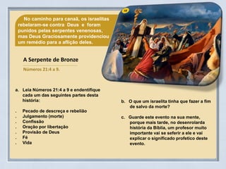 No caminho para canaã, os israelitas
rebelaram-se contra Deus e foram
punidos pelas serpentes venenosas,
mas Deus Graciosamente providenciou
um remédio para a aflição deles.
a. Leia Números 21:4 a 9 e endentifique
cada um das seguintes partes desta
história:
. Pecado de descreça e rebelião
. Julgamento (morte)
. Confissão
. Oração por libertação
. Provisão de Deus
. Fé
. Vida
b. O que um israelita tinha que fazer a fim
de salvo da morte?
c. Guarde este evento na sua mente,
porque mais tarde, no desenrolarda
história da Bíblia, um profesor muito
importante vai se seferir a ele e vai
explicar o significado profetico deste
evento.
A Serpente de Bronze
Números 21:4 a 9.
 