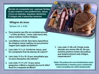 Milagres de Jesus
Gênesis. 6:5 e 8:22.
Movido de compaixão por pessoas feridas
E para mostrar o seu podersivino, Jesus
Curou os doentes, expulsou demônios
E chegou até a ressucitar pessoas.
a. Para mostrar que Ele era verdadeiramente
“ o Filho de Deus,” como João havia dito,
Jesus realizou moitos milagres.
b. Leia Mateus 4:23,24. Que tipos específicos
de milagres Jesus realizou na sua primeira
viagem pela região da Galileia?
c. Leia João 11:1 a 4. Conforme Jesus, qual
foi o propósito final da doença de Lázaro?
d. Leia João 11:5 a 16. O que JesusSabia que
os seus discípulos não sabiam?
e. Leia João 11:17 a 27. O que Jesus
perguntou a Marta a respeito da sua fé nEle?
Qual foi a resposta de Marta?
f. Leia João 11:28 a 45. Preste muita
atenção aos versos 40e 45. De que
maneira positiva muitos dos judeus,
que testemunharam este milagre,
responderam?
Nota: Os judeus do novo testamento eram
Basicamente o mesmo povo conhecido
como israelitas do velho testamento.
 