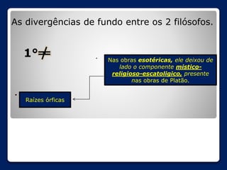 As divergências de fundo entre os 2 filósofos.

1°

Raízes órficas

Nas obras esotéricas, ele deixou de
lado o componente misticoreligioso-escatoligico, presente
nas obras de Platão.

 