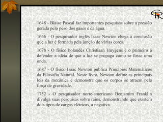 1648 - Blaise Pascal faz importantes pesquisas sobre a pressão gerada pelo peso dos gases e da água.  1666 - O pesquisador inglês Isaac Newton chega a conclusão que a luz é formada pela junção de várias cores.  1678 - O físico holandês Christiaan Huygens é o primeiro a defender a idéia de que a luz se propaga como se fosse uma onda.  1687 - O físico Isaac Newton publica Princípios Matemáticos da Filosofia Natural. Neste livro, Newton define as principais leis da mecânica e demonstra que os corpos se atraem pela força de gravidade.  1752 - O pesquisador norte-americano Benjamim Franklin divulga suas pesquisas sobre raios, demonstrando que existem dois tipos de cargas elétricas, a negativa  
