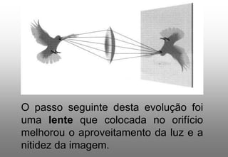 O passo seguinte desta evolução foi
uma lente que colocada no orifício
melhorou o aproveitamento da luz e a
nitidez da imagem.

 