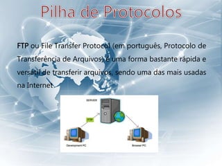 FTP ou File Transfer Protocol (em português, Protocolo de
Transferência de Arquivos) é uma forma bastante rápida e
versátil de transferir arquivos, sendo uma das mais usadas
na Internet
 