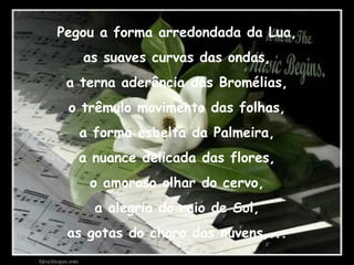 Pegou a forma arredondada da Lua, as suaves curvas das ondas, a terna aderência das Bromélias, o trêmulo movimento das folhas, a forma esbelta da Palmeira, a nuance delicada das flores, o amoroso olhar do cervo, a alegria do raio de Sol, as gotas do choro das nuvens,... 