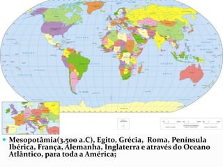 Mesopotâmia(3.500 a.C), Egito, Grécia, Roma, Península
Ibérica, França, Alemanha, Inglaterra e através do Oceano
Atlântico, para toda a América;;
 