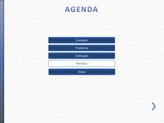 Contexto
Problema
Petróleo
Civilização
Notas
 