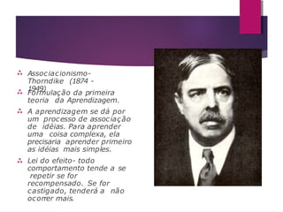  Associacionismo-
Thorndike (1874 -
1949)



Formulação da primeira
teoria da Aprendizagem.
A aprendizagem se dá por
um processo de associação
de idéias. Para aprender
uma coisa complexa, ela
precisaria aprender primeiro
as idéias mais simples.
Lei do efeito- todo
comportamento tende a se
repetir se for
recompensado. Se for
castigado, tenderá a não
ocorrer mais.
 