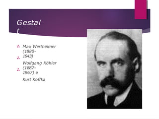 Gestal
t



Max Wertheimer
(1880-
1943)
Wolfgang Köhler
(1887-
1967) e
Kurt Koffka
 