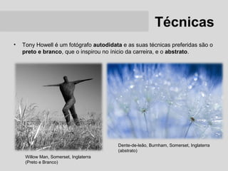Técnicas
•   Tony Howell é um fotógrafo autodidata e as suas técnicas preferidas são o
    preto e branco, que o inspirou no ínicio da carreira, e o abstrato.




                                        Dente-de-leão, Burnham, Somerset, Inglaterra
                                        (abstrato)
     Willow Man, Somerset, Inglaterra
     (Preto e Branco)
 