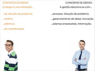CONCEITOS DE DESIGN CONCEITOS DE GESTÃO
O design é uma atividade... A gestão relaciona-se com...
...de solução de problema.

...criativa.

...sistêmica.

...de coordenação.

...cultural e artística.
...processo. Solução de problema.

...gerenciamento de ideias. Inovação.

...sistemas empresariais. Informação.

...comunicação. Estrutura.

...preferências do consumidor.
Cultura organizacional. Identidade
 