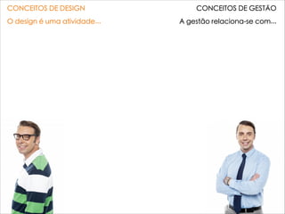 CONCEITOS DE DESIGN CONCEITOS DE GESTÃO
O design é uma atividade... A gestão relaciona-se com...
...de solução de problema.

...criativa.

...sistêmica.

...de coordenação.

...cultural e artística.
...processo. Solução de problema.

...gerenciamento de ideias. Inovação.

...sistemas empresariais. Informação.

...comunicação. Estrutura.

...preferências do consumidor.
Cultura organizacional. Identidade
 