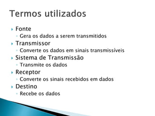  Fonte
◦ Gera os dados a serem transmitidos
 Transmissor
◦ Converte os dados em sinais transmissíveis
 Sistema de Transmissão
◦ Transmite os dados
 Receptor
◦ Converte os sinais recebidos em dados
 Destino
◦ Recebe os dados
 