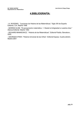 ES “DIEGO GAITÁN” José Antonio Ortega Ortega 
Departamento de Matemáticas 
4.BIBLIOGRAFÍA: 
- H. WUSSING. "Lecciones de Historia de las Matemáticas." Siglo XXI de España 
Editores, S.A. Madrid 1998 
- MORRIS KLINE. "El pensamiento matemático, 1. Desde la Antigüedad a nuestros días." 
Alianza Editorial. Madrid 1992 
- RICHARD MANKIEWICZ. " Historia de las Matemáticas". Editorial Paidós. Barcelona . 
2000 
- GEORGES IFRAH. "Historia Universal de las Cifras". Editorial Espasa. Cuarta edición. 
Madrid 2001 
pág 14 
