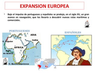 EXPANSION EUROPEA
• Bajo el impulso de portugueses y españoles se produjo, en el siglo XV, un gran
avance en navegación, que los llevaría a descubrir nuevas rutas marítimas y
comerciales.
PORTUGUESES
ESPAÑOLES
 