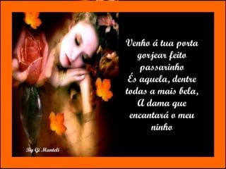 Venho á tua porta gorjear feito passarinho És aquela, dentre todas a mais bela, A dama que encantará o meu ninho 