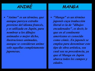 ANIMÉ MANGA
 "Anime" es un término, que
aunque parezca extraño
proviene del idioma francés,
y es utilizada en Japón, para
nombrar a los dibujos
animados o mejor dicho,
ilustraciones animadas,
aunque se consideran anime
solo aquellas completamente
japonesas.
 "Manga" es un término
japonés cuya traducción
literal es la de "dibujos
encadenados", es decir, lo
que en el continente
americano es conocido
como cómic. En japonés se
emplea para denominar este
tipo de obra artística, sea
cual sea su procedencia, ya
que el Manga en Japón
abarca todos los campos y
edades.
 
