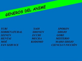 YURI YAOI SPOKON
SOBRENATURAL SHONEN SHOJO
SEINEN ECCHI GORE
HENTAI MECHA MISTERIO
MOÉ KODOMO MAHO SHOJO
FAN SERVICE CIENCIA Y FICCIÓN
 